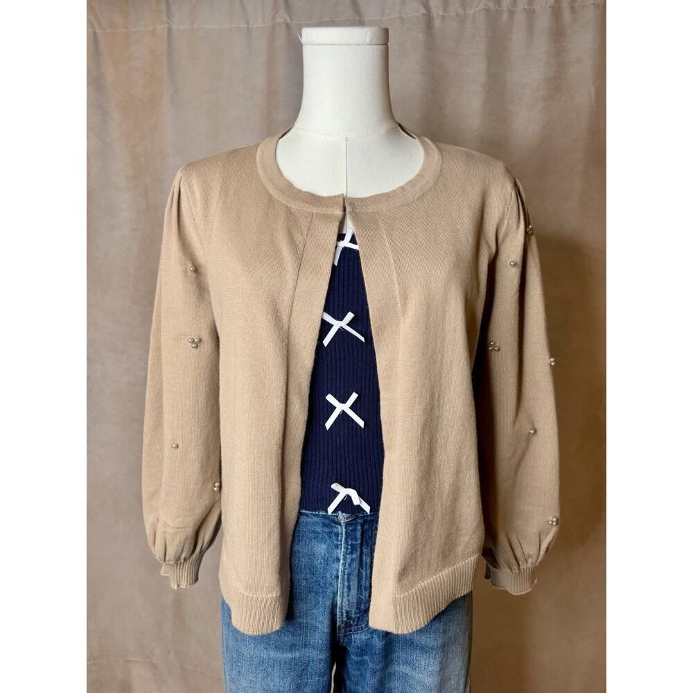 Nina Leonard Pearl Sleeve Cardigan Sweater M Beige Hook Eye Closure